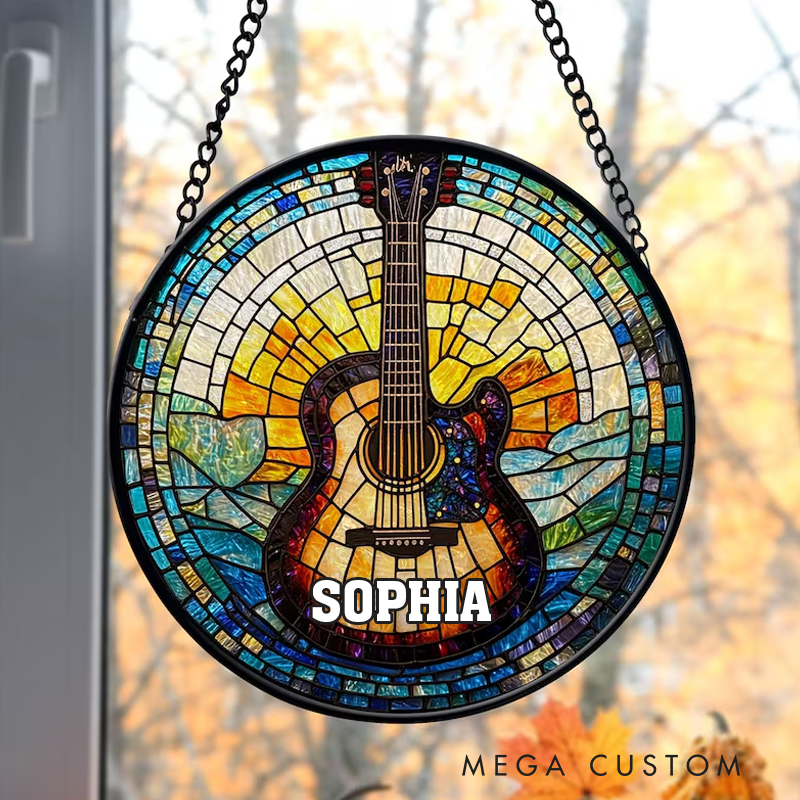 Personalized Name Faux Stained Glass Guitar Suncatcher Musical Instrument Stained Glass Ornament Music Lover and Guitar Lover Gift House Decor