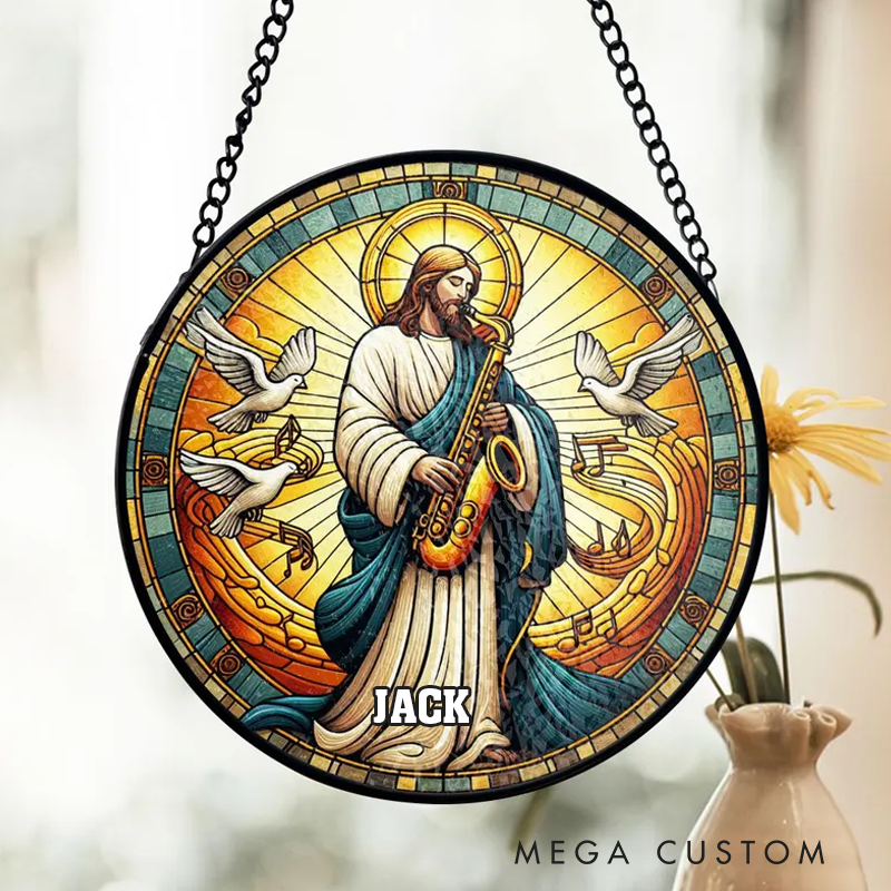 Personalized Name Jesus Playing Saxophone Stained Glass Suncatcher Funny Christian Decor Religious Music Art and Lover Gospel Jazz Gift