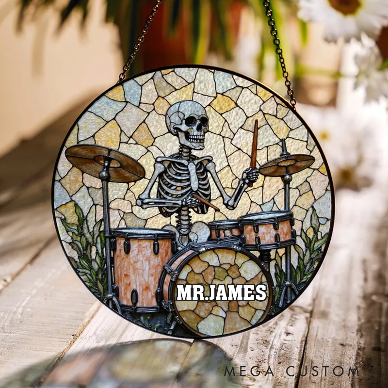 Personalized Name Skeleton Drummer Stained Glass Round Suncatcher Music Art Home Decor Gift for Rock Music Lover