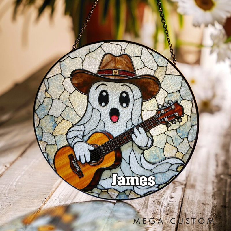 Personalized Name Cute Ghost Playing Guitar Stained Glass Suncatcher Funny Window Decor Gift for Music Lover
