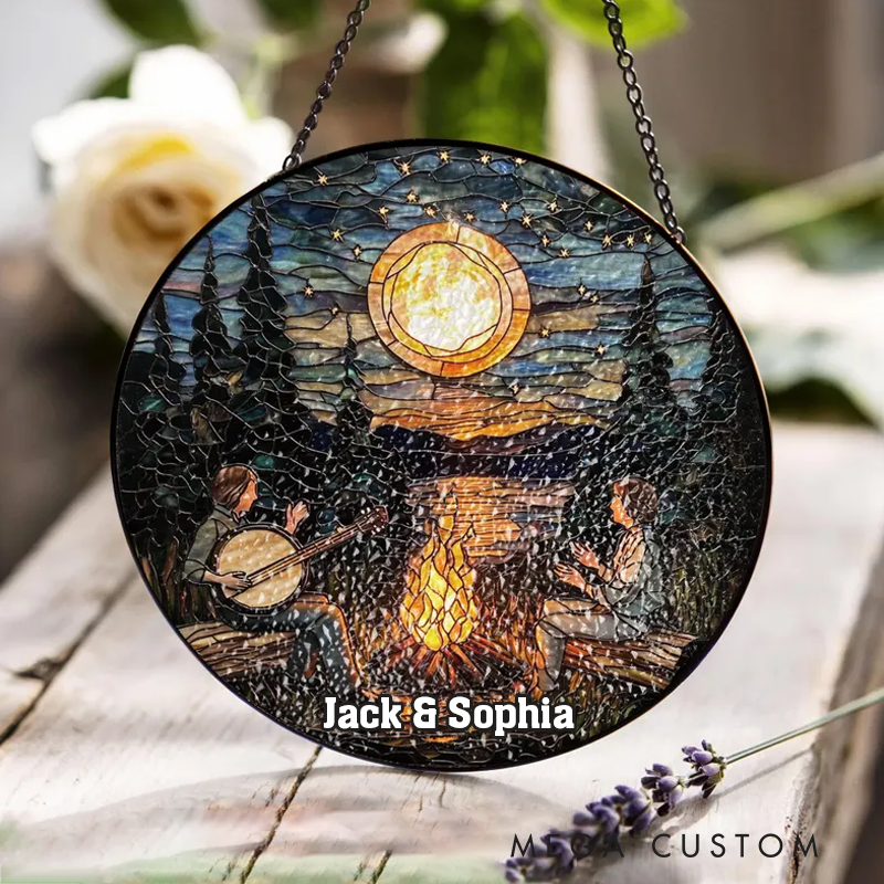Personalized Name Campfire Banjo Music Stained Glass Nature Lover Stained Glass Art Decor Forest Night Scene Ornament
