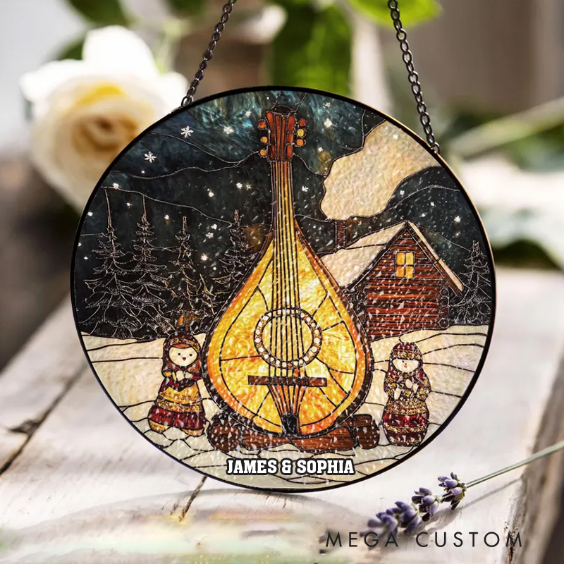 Personalized Name Christmas Gift for Lute Player Stained Glass Musician Hobby Music Ornament String Instrument Stained Glass Cabin Scene Holiday Art