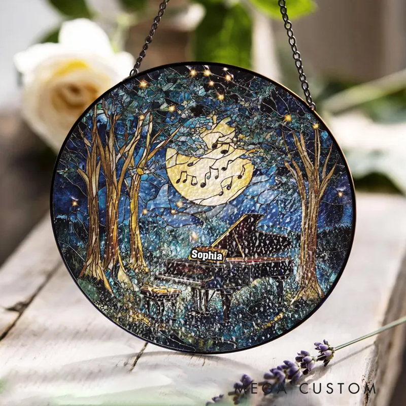 Personalized Name Piano Hobby Stained Glass Musician Job Gift Forest Music Lover Artistic Home Accent Wall Hanging