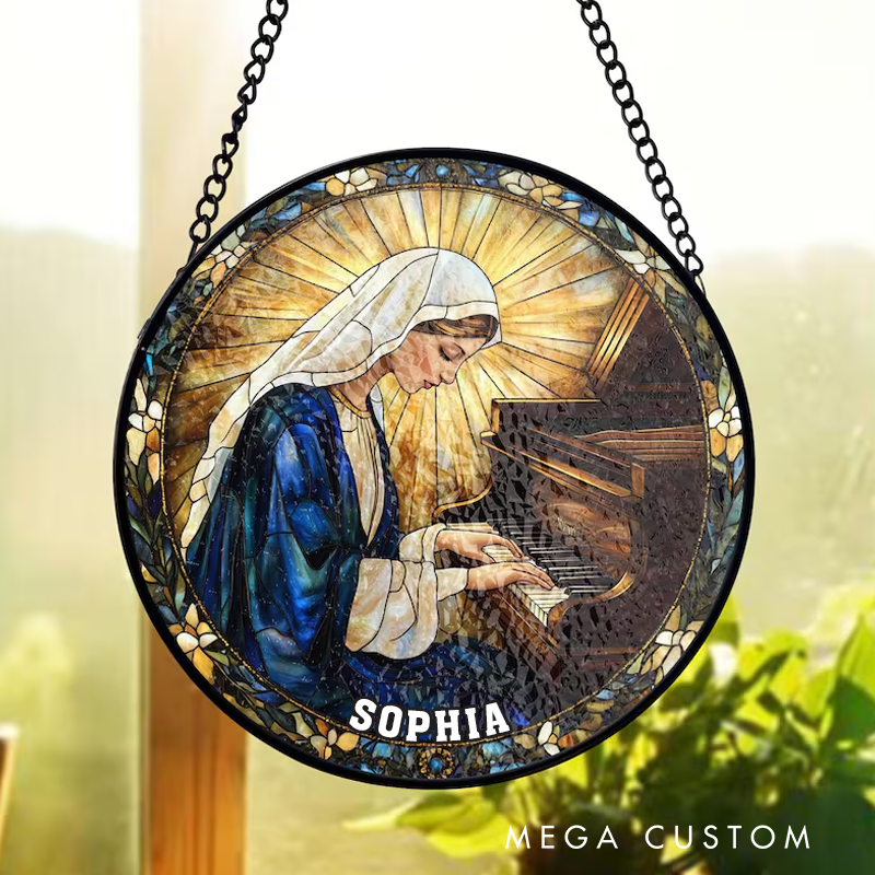 Personalized Name Virgin Mary Piano Stained Glass Suncatcher Catholic Music Lover Stained Glass Religious Pianist Gift Christian Window Hanging