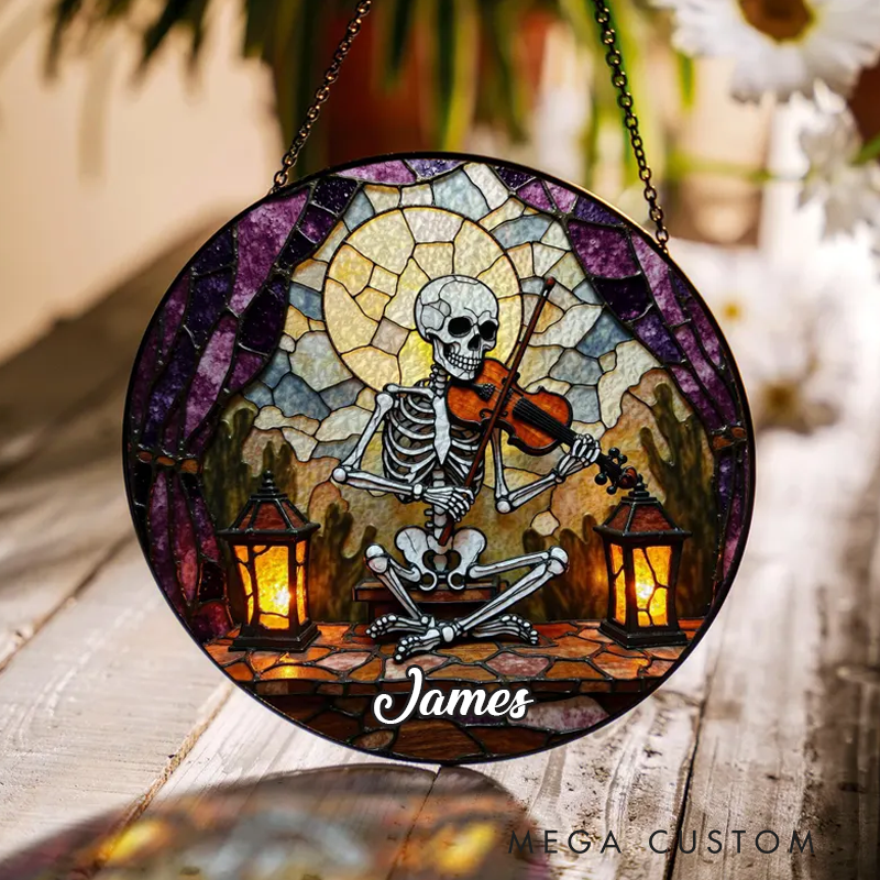 Personalized Name Skeleton Playing Violin Gothic Stained Glass Suncatcher Halloween Window Decor Gift for Music Lovers