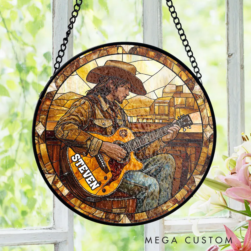 Personalized Name Cowboy Playing Guitar Stained Glass Suncatcher Country Music Lover Suncatcher Gift for Musician Window Hanging