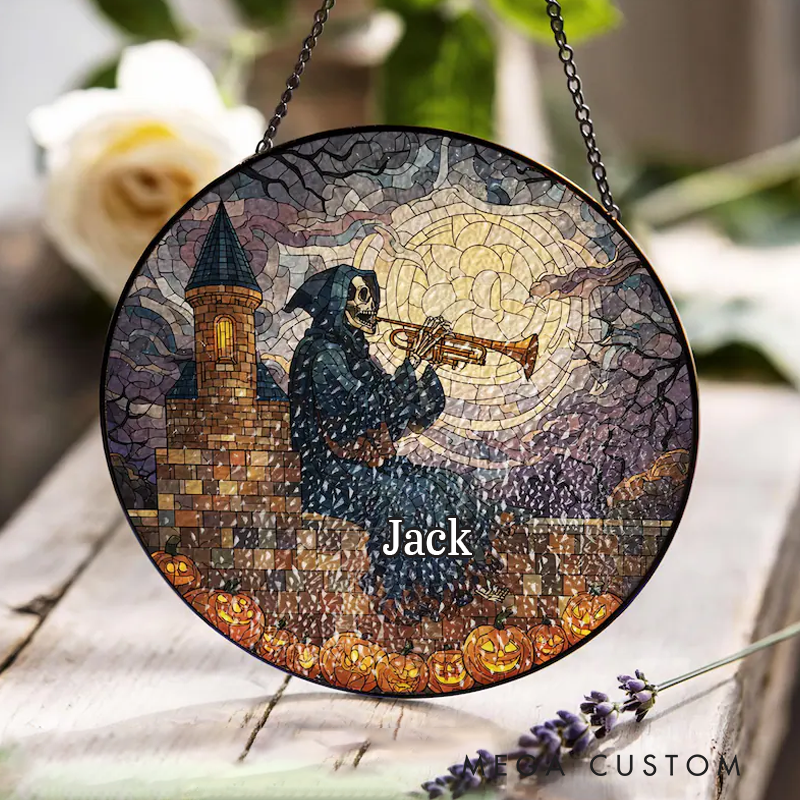 Personalized Name Skeleton Trumpet Player Stained Glass Grim Reaper Musician Suncatcher Halloween Gothic Decor Window Hanging