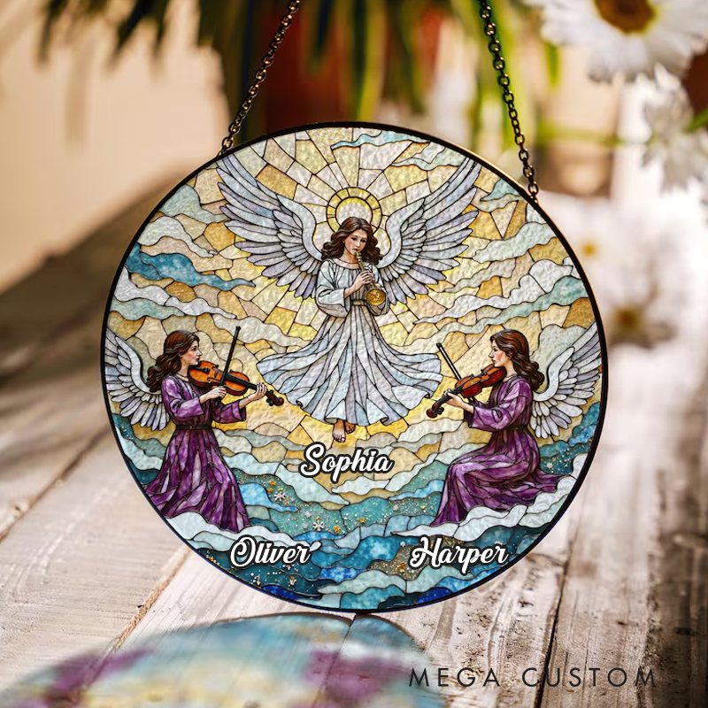 Personalized Name Suncatcher Stained Glass Angel with Two Violinists Christmas Gift for Mom Holiday Home Decor