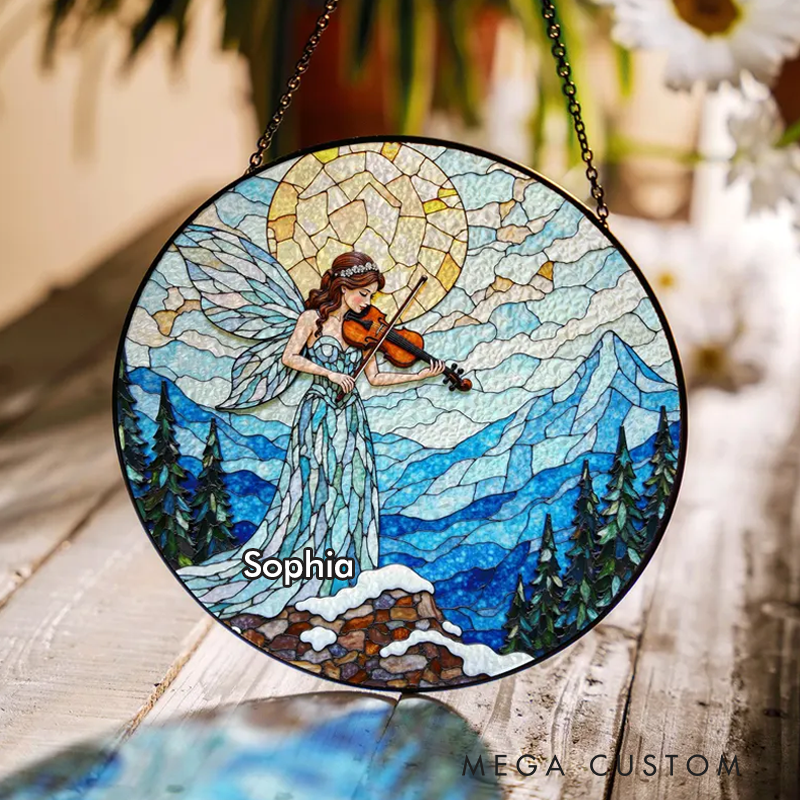 Personalized Name Suncatcher Stained Glass Fairy Playing Violin in Mountain Scene Gift Home Decor