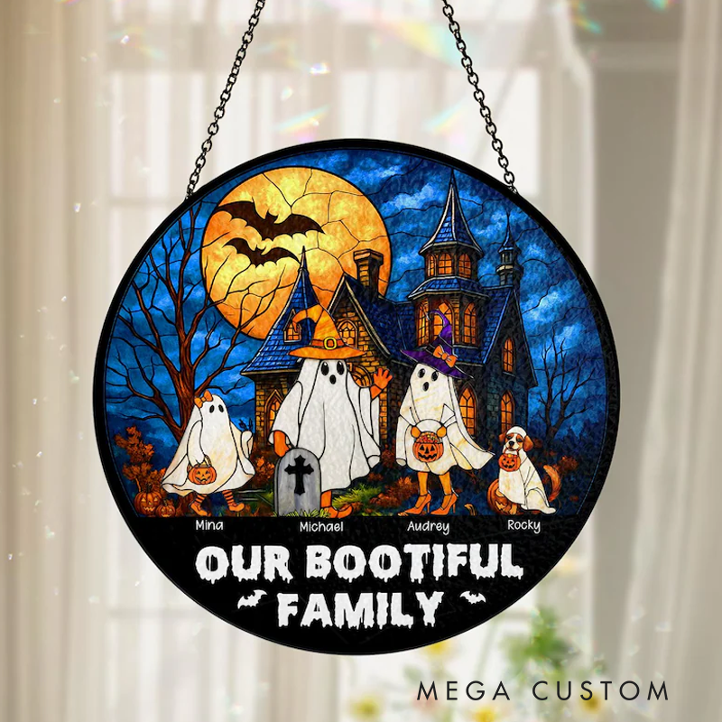 Personalized Name Our Bootiful Family Stained Glass Suncatcher Custom Halloween Window Hanging Fall Stained Glass Art Spooky Home Decor