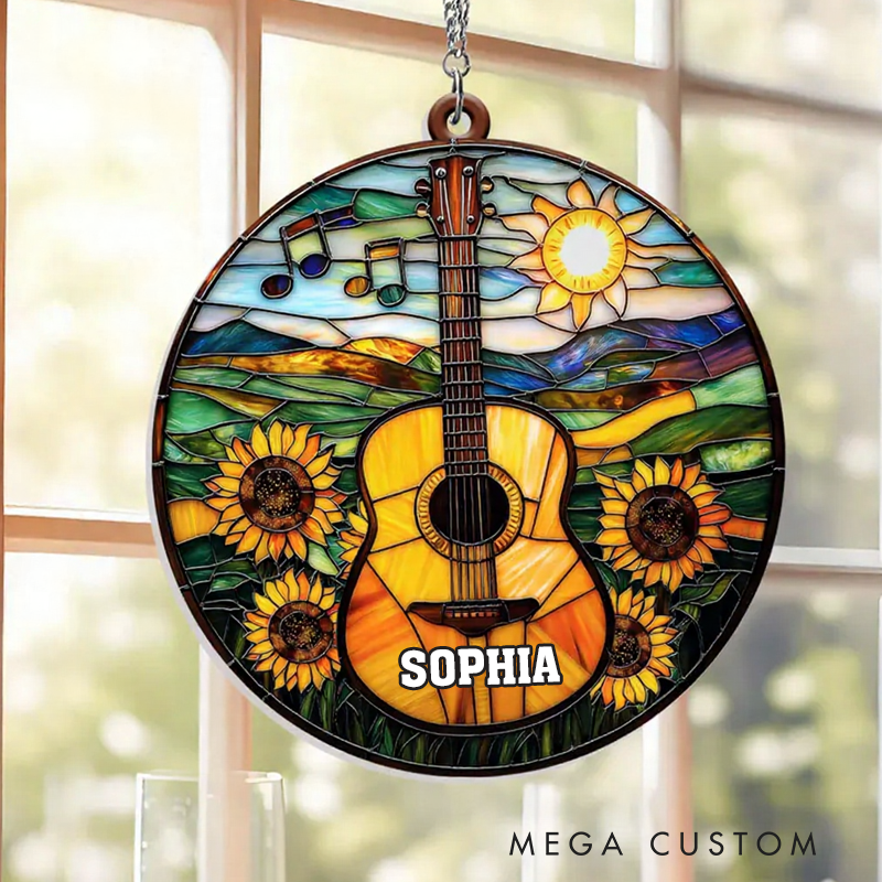 Personalized Name Guitar Suncatcher Guitar Sunflower Ornament Musical Instrument Window Hanging Music Lover Gift Music Suncatcher Guitar Players
