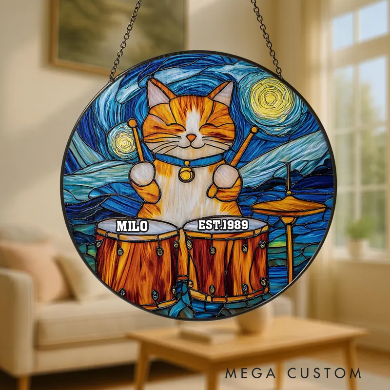 Personalized Name Cat Playing Drums with Starry Night Sky Stained Glass Suncatcher Musical Window Hanging Artistic Home Decor Ornament Gift