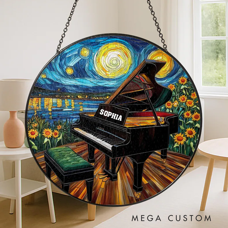 Personalized Name Grand Piano with Starry Night Sky and Sunflowers Stained Glass Suncatcher Artistic Window Hanging Unique Music Home Decor Gift
