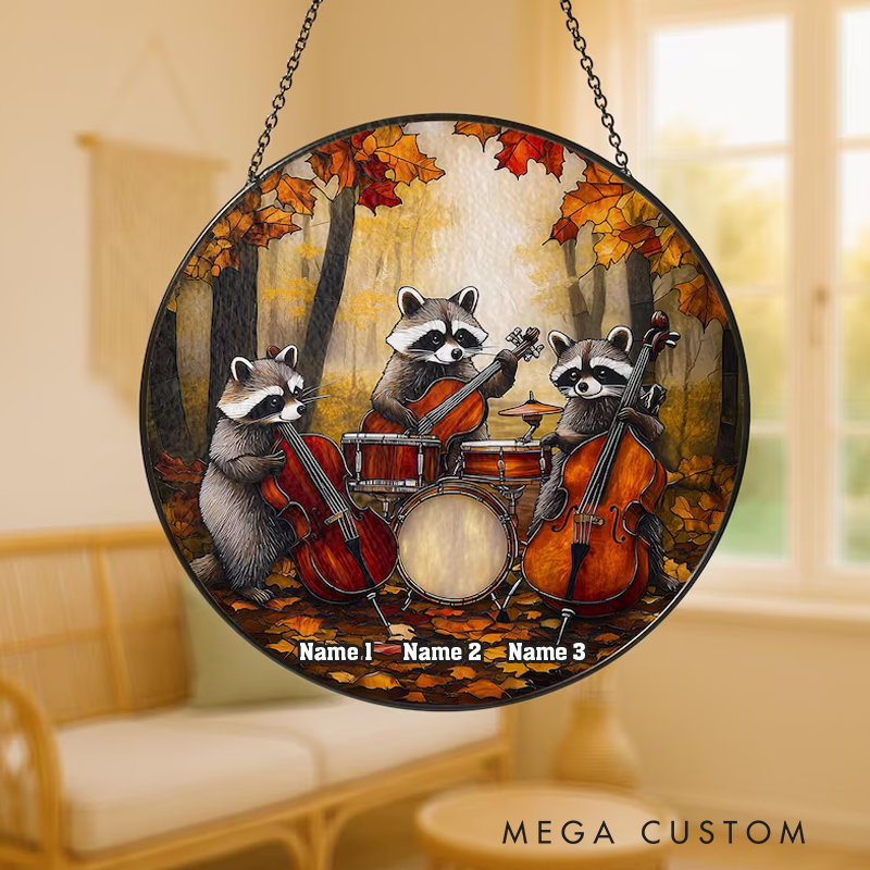 Personalized Name Raccoon Band Stained Glass Suncatcher Autumn Forest Animal with Music Instruments Window Hanging Unique Home Decor
