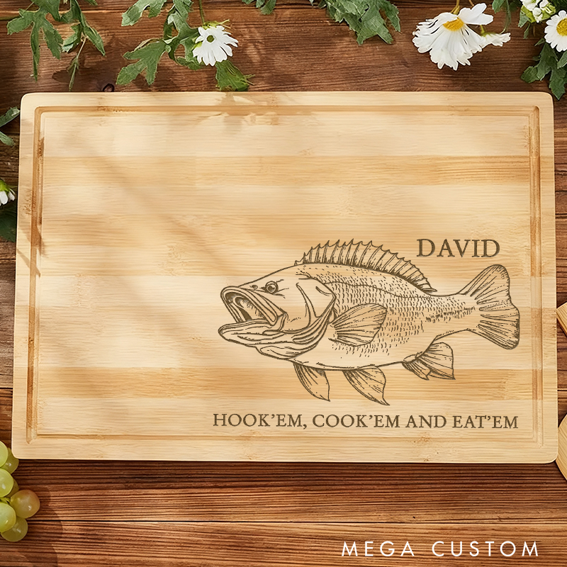 Personalized Fishing Cutting Board Christmas Gift for Dad Father's Day Gift for Grandpa Big Mouth Bass Decor Hook'em Cook'em Board Perfect Gift For Fishing Lover