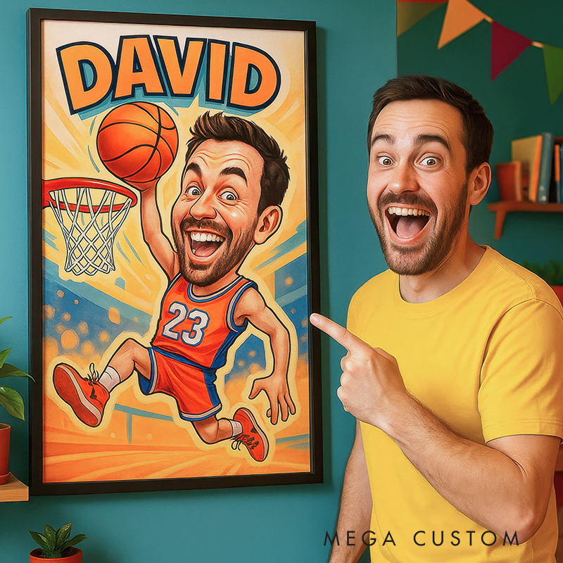 Personalized Borderless Basketball Caricature Poster Featuring Custom Name, Jersey Number, and Fun Illustration