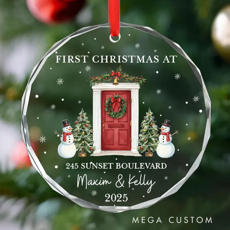 Personalized First Christmas at New Home Ornament Custom Address and Names 2025 Christmas Decoration with Festive Door Snowmen and Tree Design