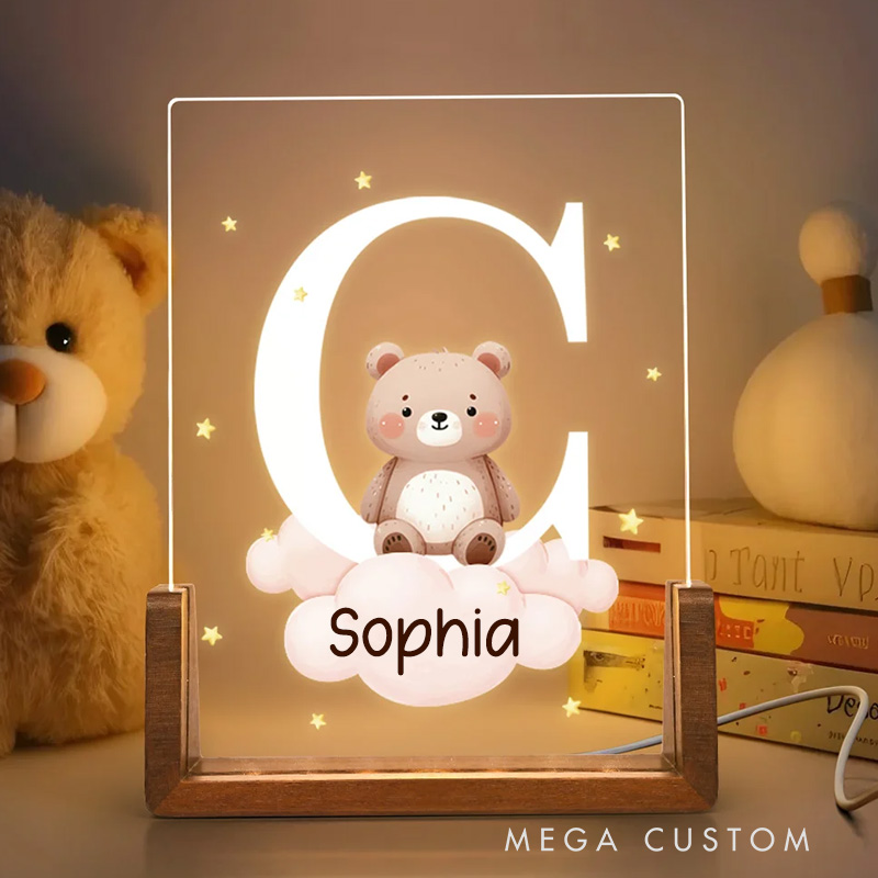 Personalized Cute Forest Animal Acrylic Cloud Star LED Night Light with Wooden Base Name and Initial Birthday Day Gift for Boys Girls