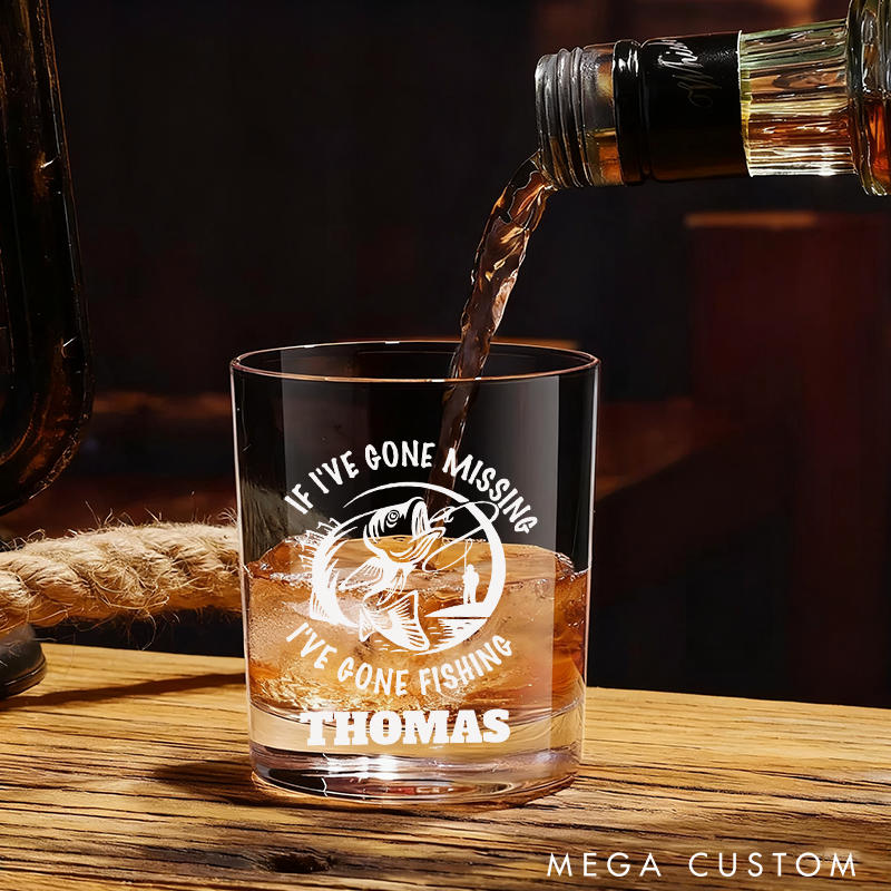 Personalized Whiskey Engraved Glasses with If I've Gone Missing, I've Gone Fishing Design Gift for Fishermen and Whiskey Lover