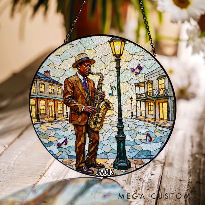 Personalized Name Jazz Saxophone Street Scene Suncatcher Stained Glass Window Decor Gift for Music Lover