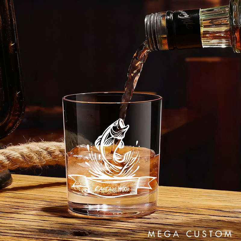 Personalized Whiskey Engraved Glasses Jumping Fish Design Fisherman Gift for Fishermen and Whiskey Lover