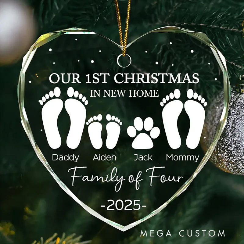 Personalized First Christmas as New Home Family of Four Footprints Custom Heart Shaped Glass Ornament 2025 Christmas Ornament