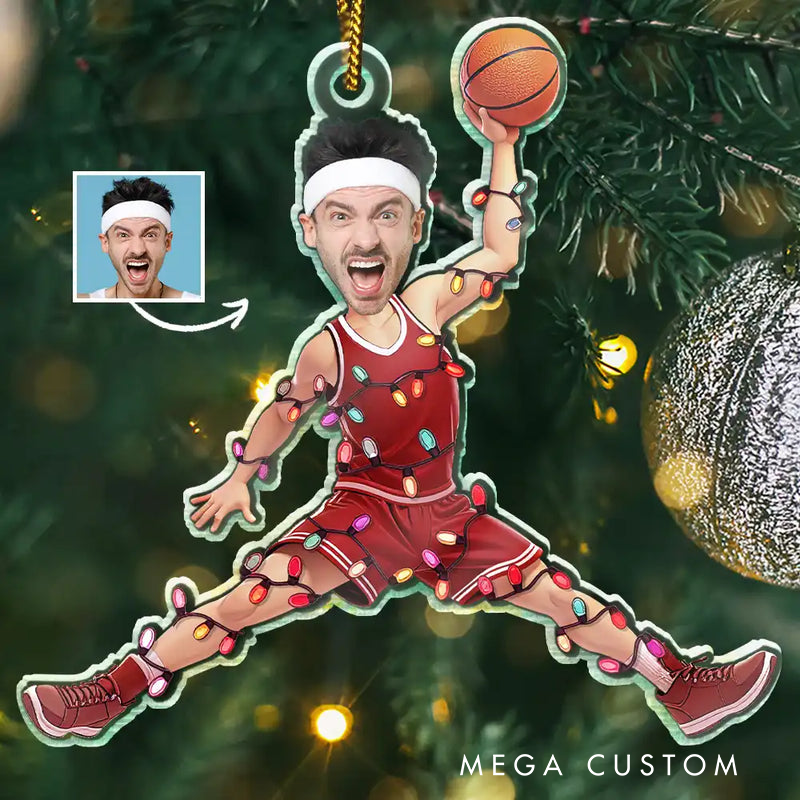 Personalized Basketball Player Christmas Ornament with Custom Face and Festive String Light Design