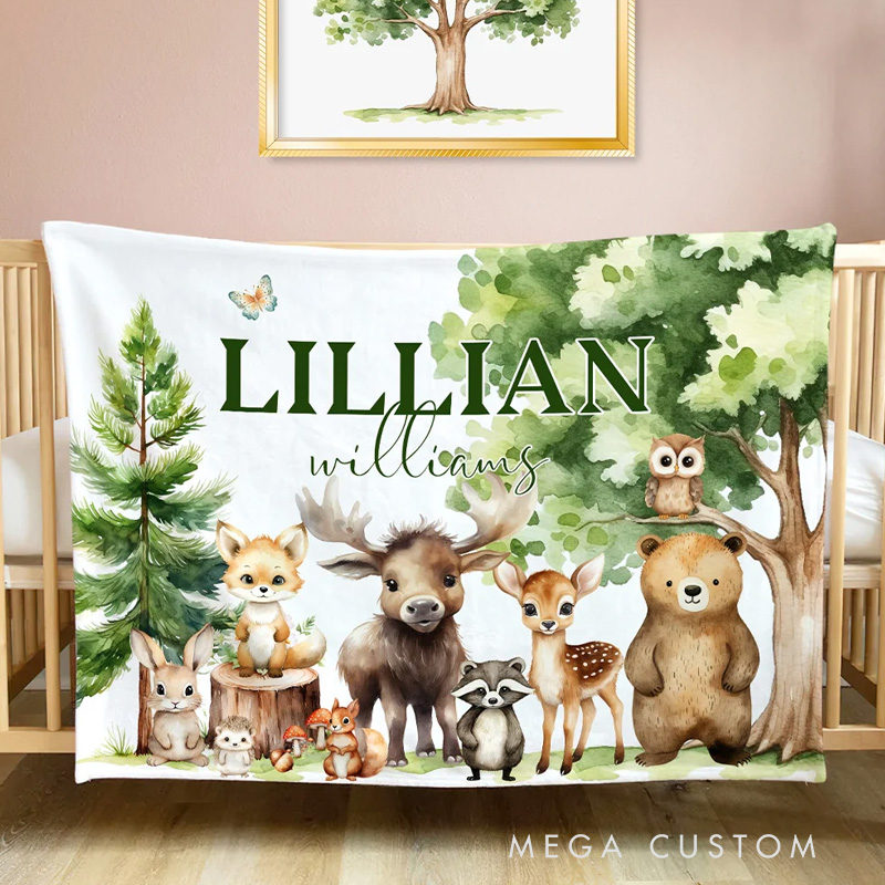 Personalized Cute Forest Animals Fox Rabbit Soft Throw Blanket with Name Nursery Room Decor Birthday Gift for Boys Girls