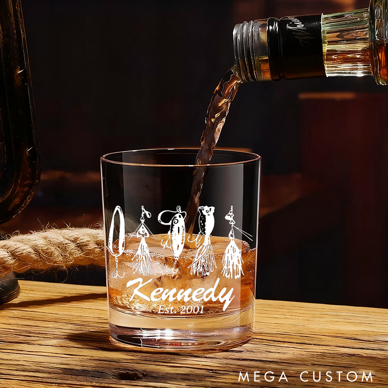 Personalized Fishing Whiskey Glass Fishing Lure Design Wine Cocktail and Beer Etched Fish Glassware Perfect Gift for Fishermen and Whiskey Lover