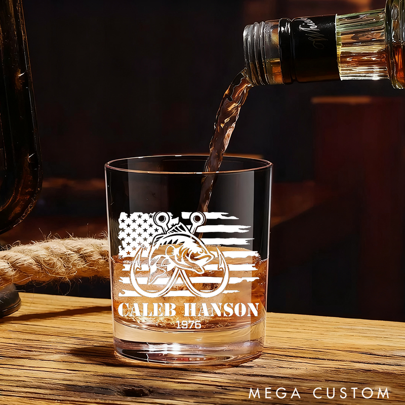 Personalized Fishing Whiskey Glass American Flag and Fish Hook Design Wine Cocktail and Beer Etched Fish Glassware Perfect Gift for Fishermen and Whiskey Lover