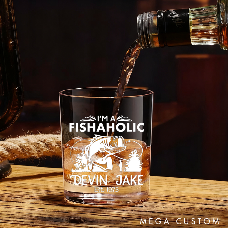 Personalized Fishing Whiskey Glass Unique Engraved Design with Fish and Forest Theme Wine Cocktail and Beer Etched Fish Glassware Fishing Lover Gift for Fishermen and Whiskey Lover
