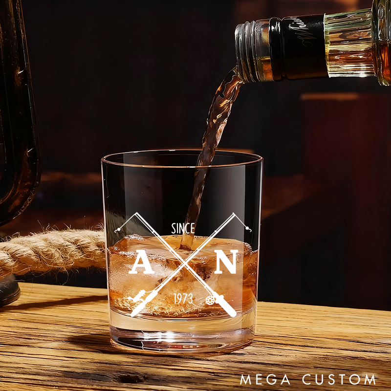 Personalized Fishing Whiskey Glass Crossed Fishing Rod Design Wine Cocktail and Beer Etched Fish Glassware Fishing Lover Gift for Fishermen and Whiskey Lover