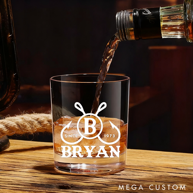 Personalized Fishing Whiskey Glass Engraved Fish Hook Design Fishing Gift Ideas Unique Gift for Anglers and Fishing Lover