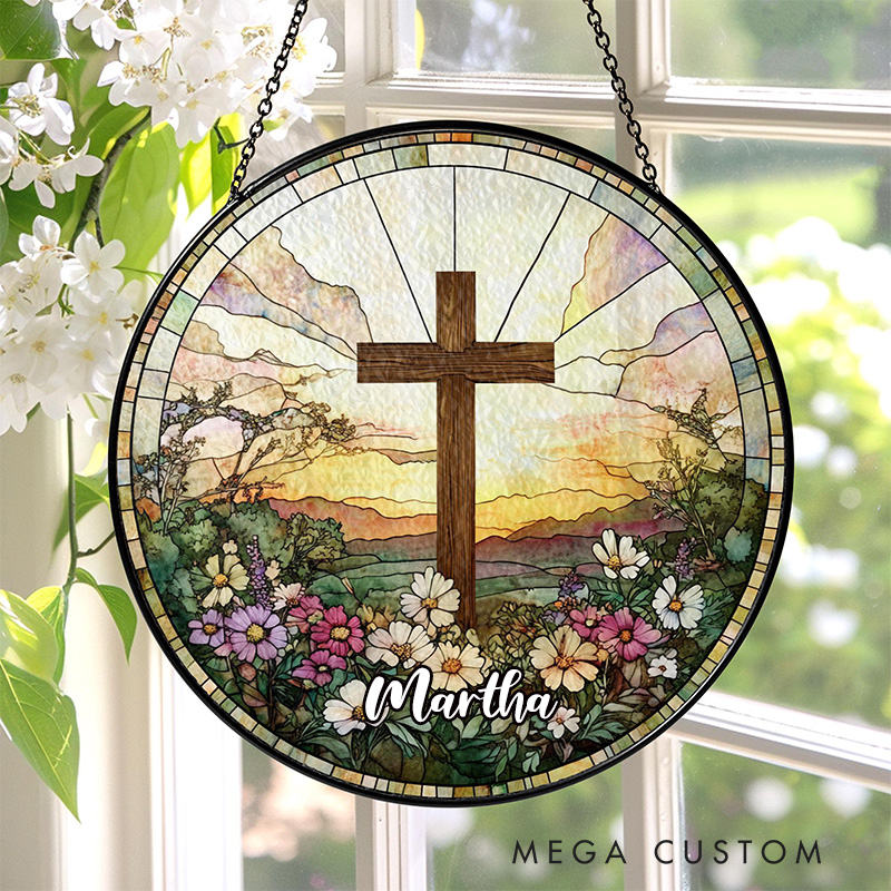 Personalized Stained Glass Cross and Wildflowers Suncatcher Ornament with Name Window Balcony Hanging Decor Christmas Home Decor Religious Faith Gift