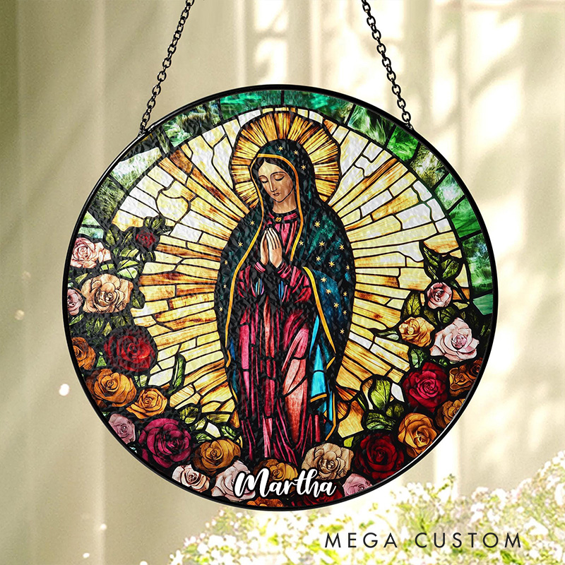 Personalized Lady of Guadalupe Stained Glass Suncatcher Ornament with Name Religious Virgin Mary Window Hanging Decor Mother of God Catholic Gift