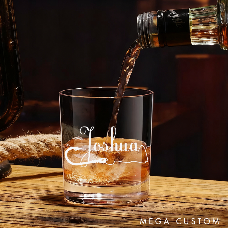 Personalized Fishing Hook Glass Etched Rocks Glasses Bourbon Whiskey Scotch Glasses Fisherman Glass Old Fashioned Glass Unique Gift for Fishing Lover