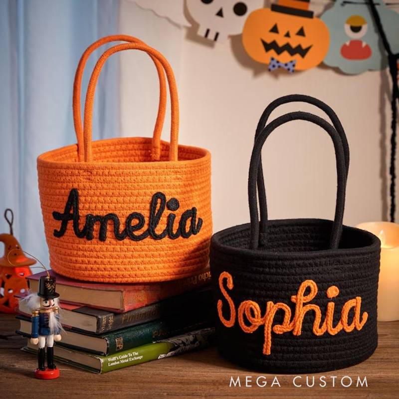 Personalized Halloween Cotton Kids Basket Custom Name Trick-or-Treat Bag Halloween Gift