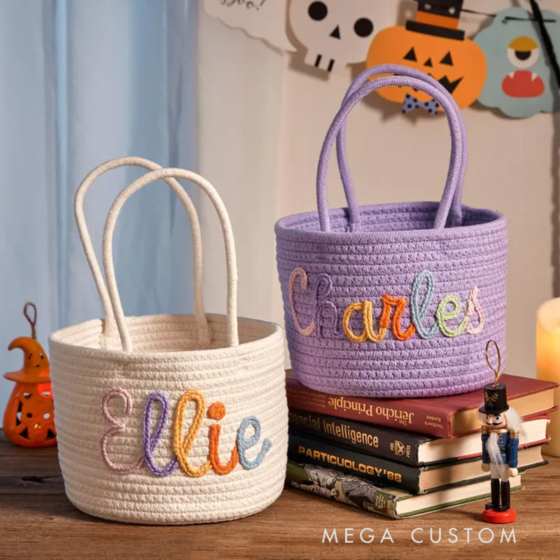Personalized Halloween Cotton Kids Basket Custom Name Trick-or-Treat Bag Halloween Gifts