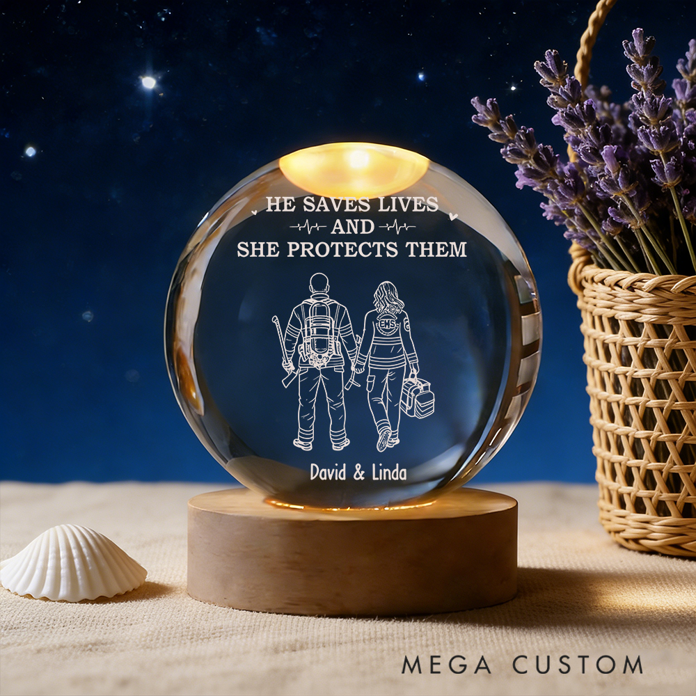 Personalized Firefighter Couple Crystal Globe Lamp Unique Gift for Partners