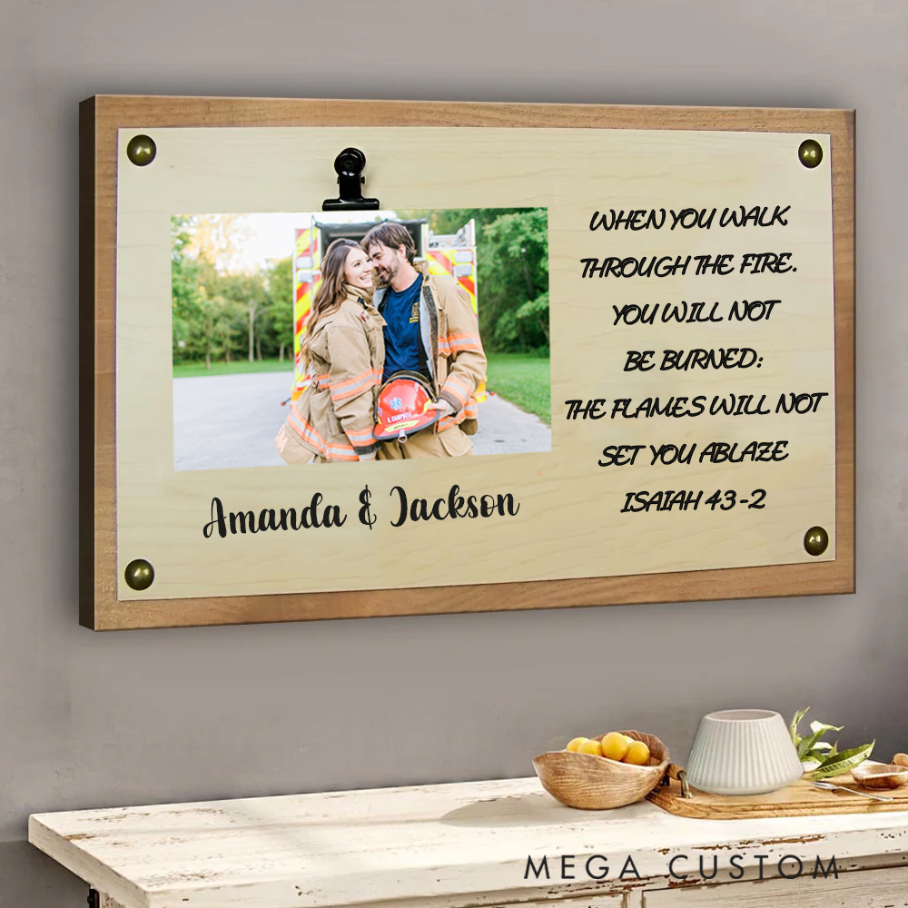 Personalized Firefighter Couple Wooden Photo Frame Inspirational Gift with Bible Verse