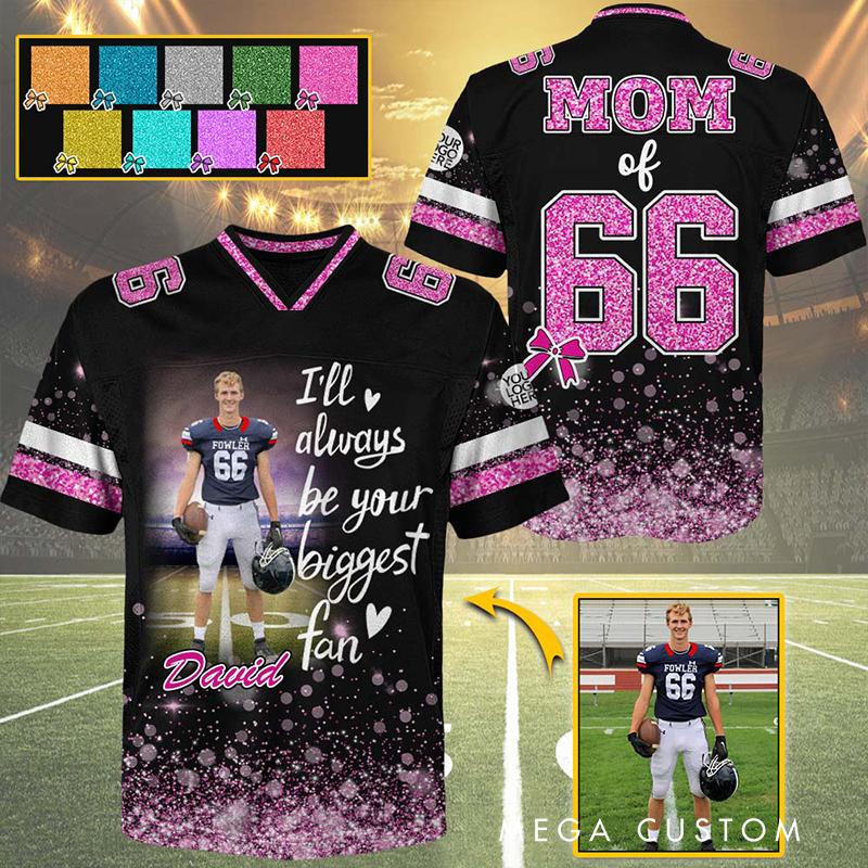 Personalized American Football Jersey with Custom Photo, Name, Number, and Glitter Design