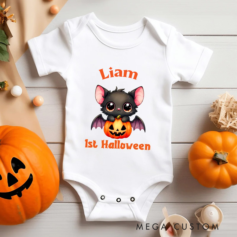 Personalized Cartoon Bat Pumpkin Baby Bodysuit with Name and Text Halloween Gift for Baby Boys Girls