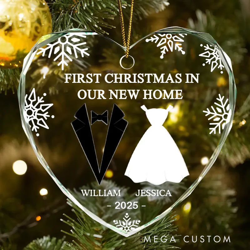 Personalized First Christmas As Married Couples Custom Heart Shaped Glass Ornament