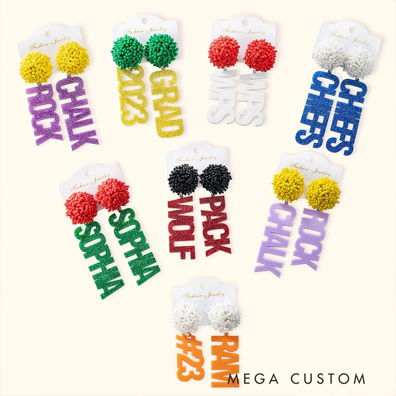 Personalized Glitter Game Day Earrings with Custom Text and Beaded Accent Design