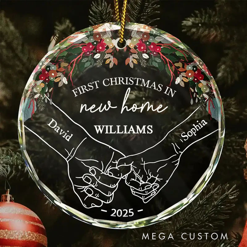 Personalized Holding Hands First Christmas Couple Custom Circle Glass Ornament