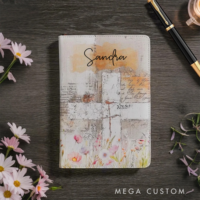 Personalized Watercolor Flower Cross Cardboard Church Notebook with Name for Her Bible Study Notes Religious Christian Gift for Women Mothers Day Gift