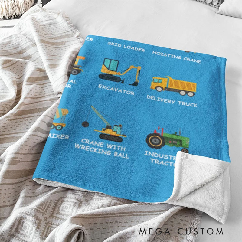 Personalized Work Vehicles Construction Trucks Kids Blanket with Name for Boys Girls Truck Lover Couch Sofa Bed Decor