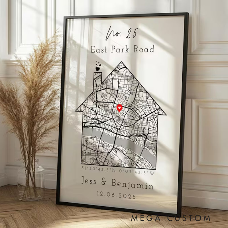 Personalised New Home Map Print and Frames House Shape Decor OS Location Housewarming Gift Custom Moving Present Art Poster Street Address