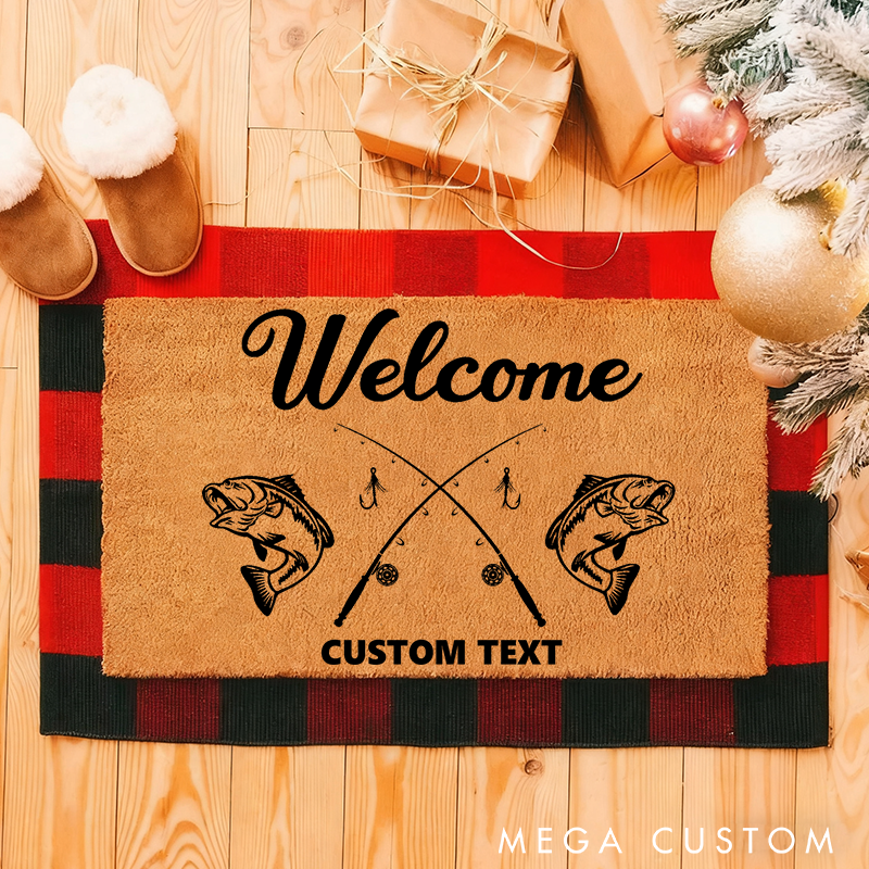 Personalised Fishing Welcome Mat Fish Welcome Doormat Fishing Home Decor Housewarming Gift Outdoor Decor with Fish and Rod Design Perfect Gift for Fishing Lover