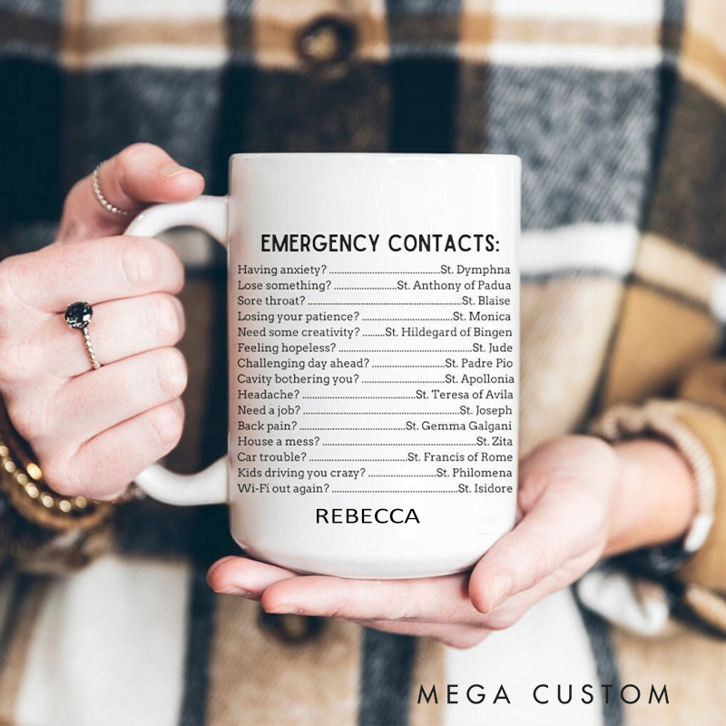 Personalized Emergency Contacts Catholic 11oz 15oz Ceramic Mug with Name All Saints Coffee Mug Godmother Gift Mug Catholic Gifts Confirmation Gifts